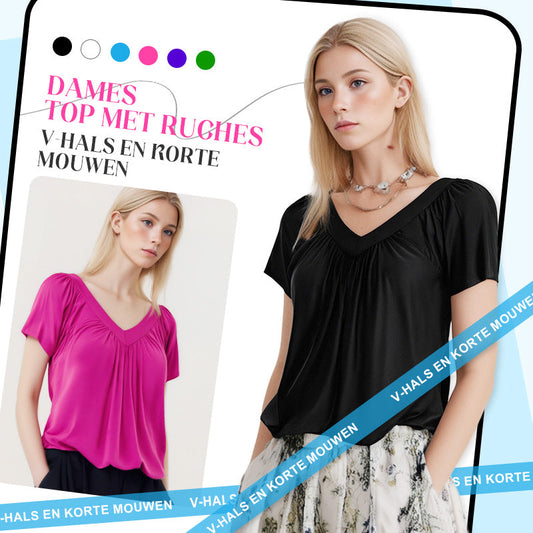 Dames Top met Ruches, V-hals en Korte Mouwen