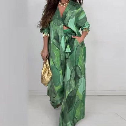 Mode Geprinte Lange Mouwen Shirt en Wijde Broeken 2-Delige Set